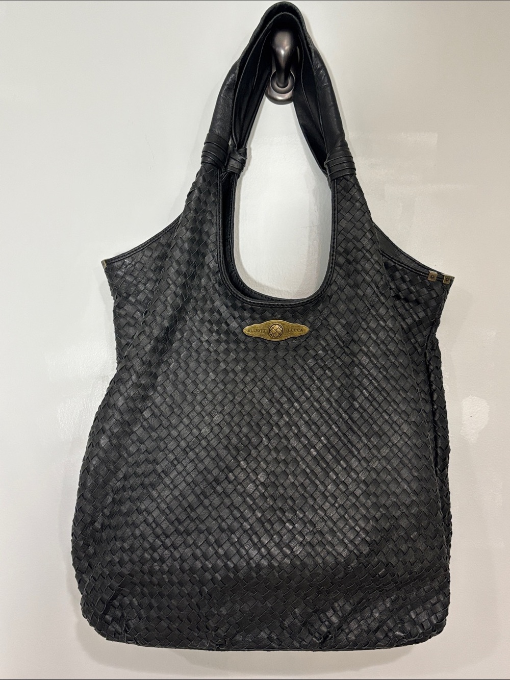 Elliott Lucca Black Woven Leather Tote Bag with Brass Accent